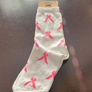 For Bare Feet White Socks with Pink Ribbon Pattern